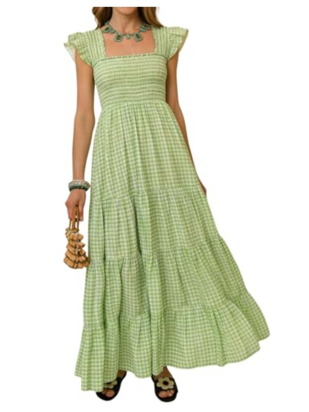 Women's Smocked Square Neck Cotton Flutter Sleeve Tiered Maxi Boho Dress